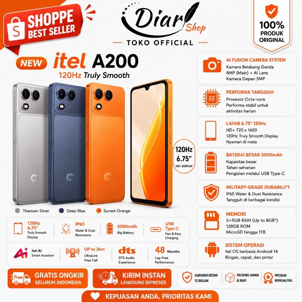 Itel A200 3+5GB/128GB HP Android 15 RAM Besar Layar 120Hz Baterai 5000mAh Garansi Resmi
