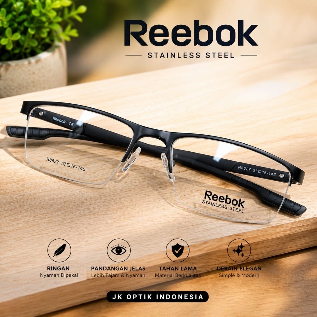 FRAME KACAMATA REEBOK PRIA TERLARIS R8527 SEMI RIMLESS STAINLESS STEEL TITANIUM