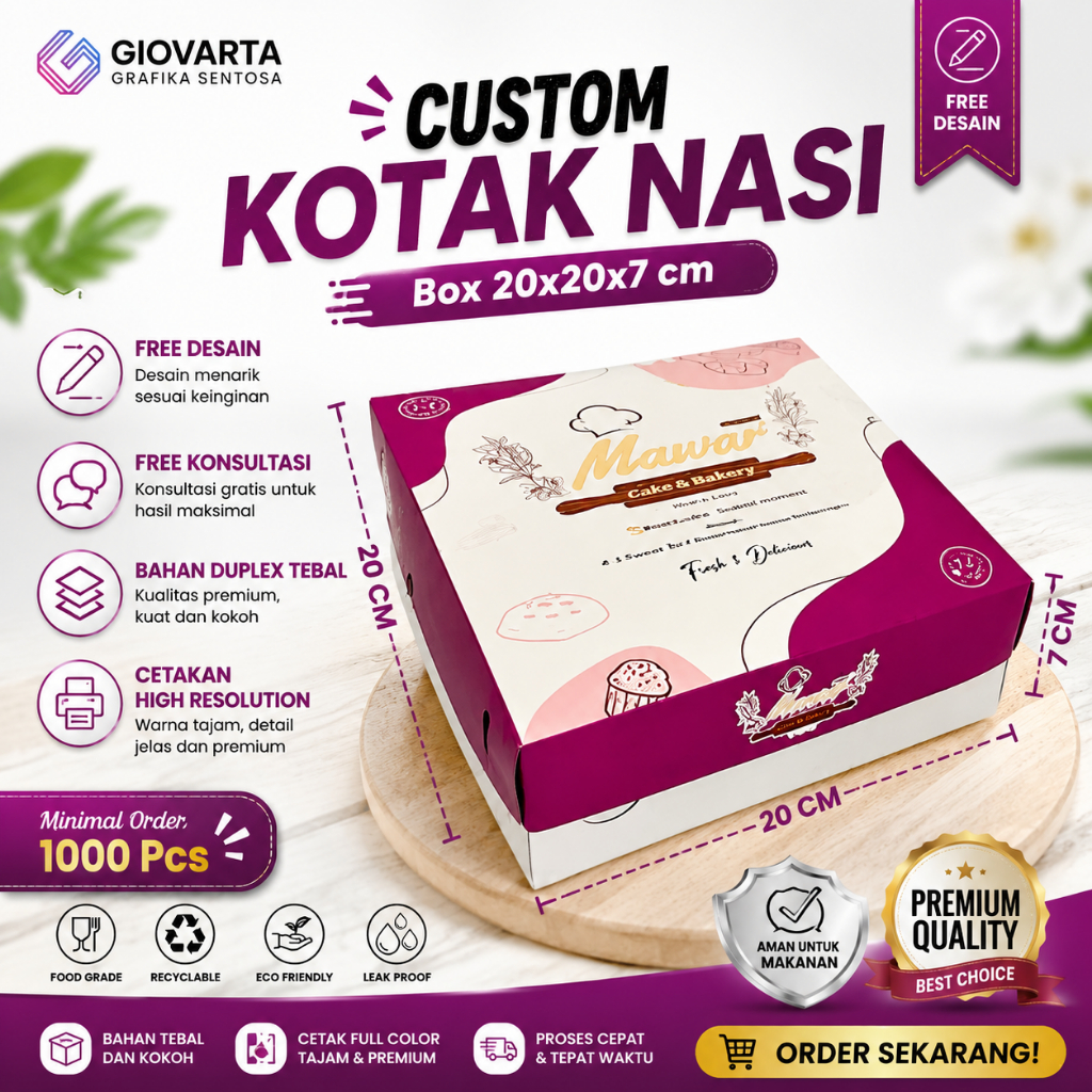 Box Makanan / Paper Box / Lunch Box Paper Custom Desain Ukuran 20x20x7