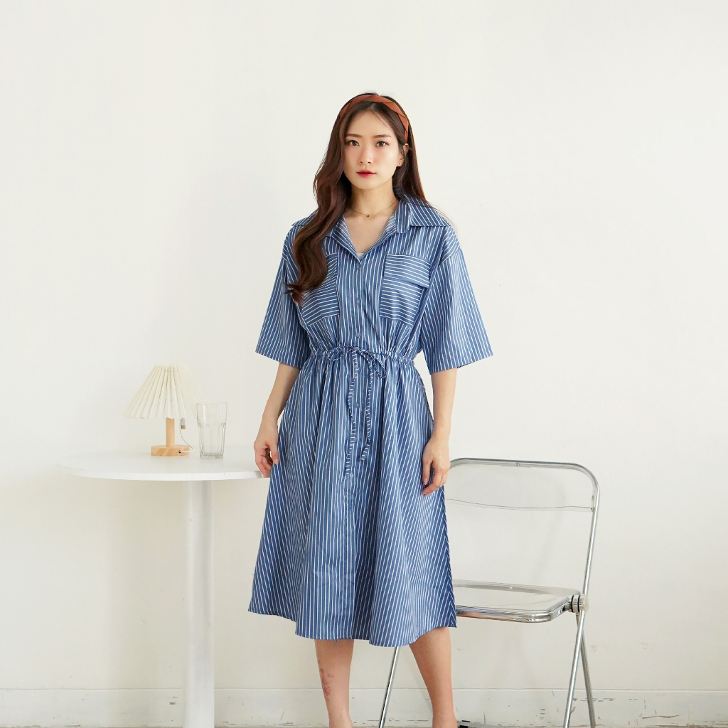 SARA MIDI DRESS - TERUSAN WANITA KATUN IMPORT MOTIF GARIS - NUBOUTIQUE