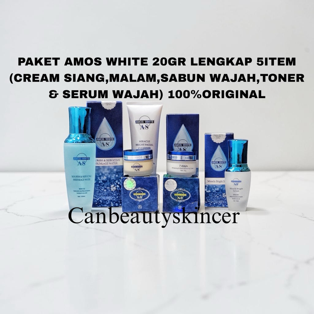CBS-PAKET AMOS WHITE 20GR LENGKAP 5ITEM (CREAM SIANG,MALAM,SABUN WAJAH,TONER, & SERUM WAJAH) 100%ORI