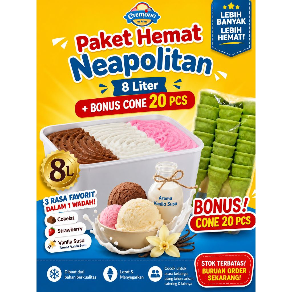 ICE CREAM CAMPINA NEOPOLITAN 8 LITER + BONUS CONE ISI 20 PCS ESKRIM CAMPINA 3RASA ES KRIM EMBERAN MU