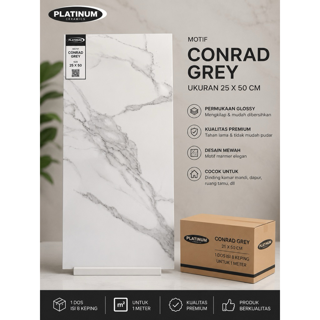 KERAMIK DINDING PLATINUM Conrad Grey 25x50 / KERAMIK DINDING MOTIF MINIMALIS / KERAMIK DINDING PLATI