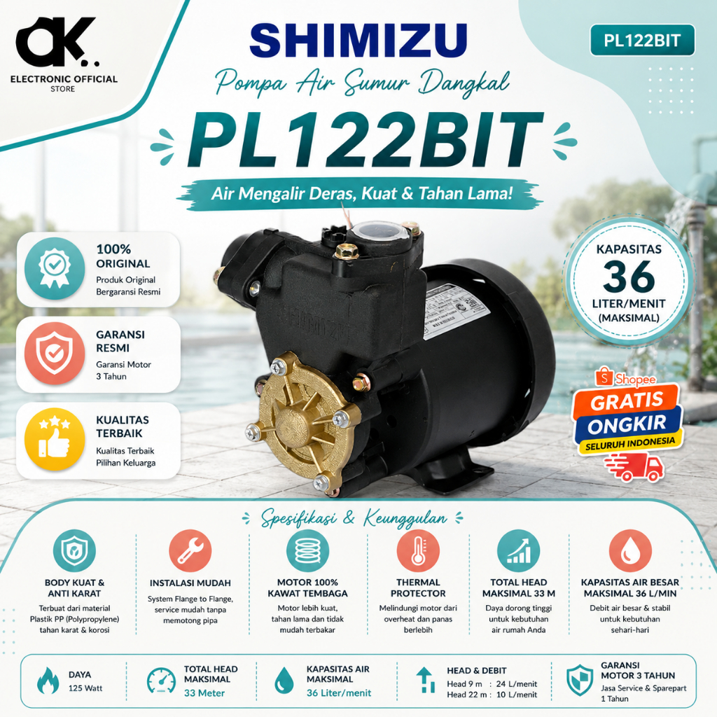 SHIMIZU POMPA AIR PL 122BIT AUTOMATIC PUMP/PL122BIT/PL122 BIT/PL 122BIT/PL 122 BIT/ORIGINAL GARANSI