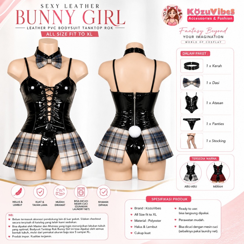 Kozuvibes Sexy Leather Kulit Latex PVC Bodysuit Tanktop Rok Bunny Girl