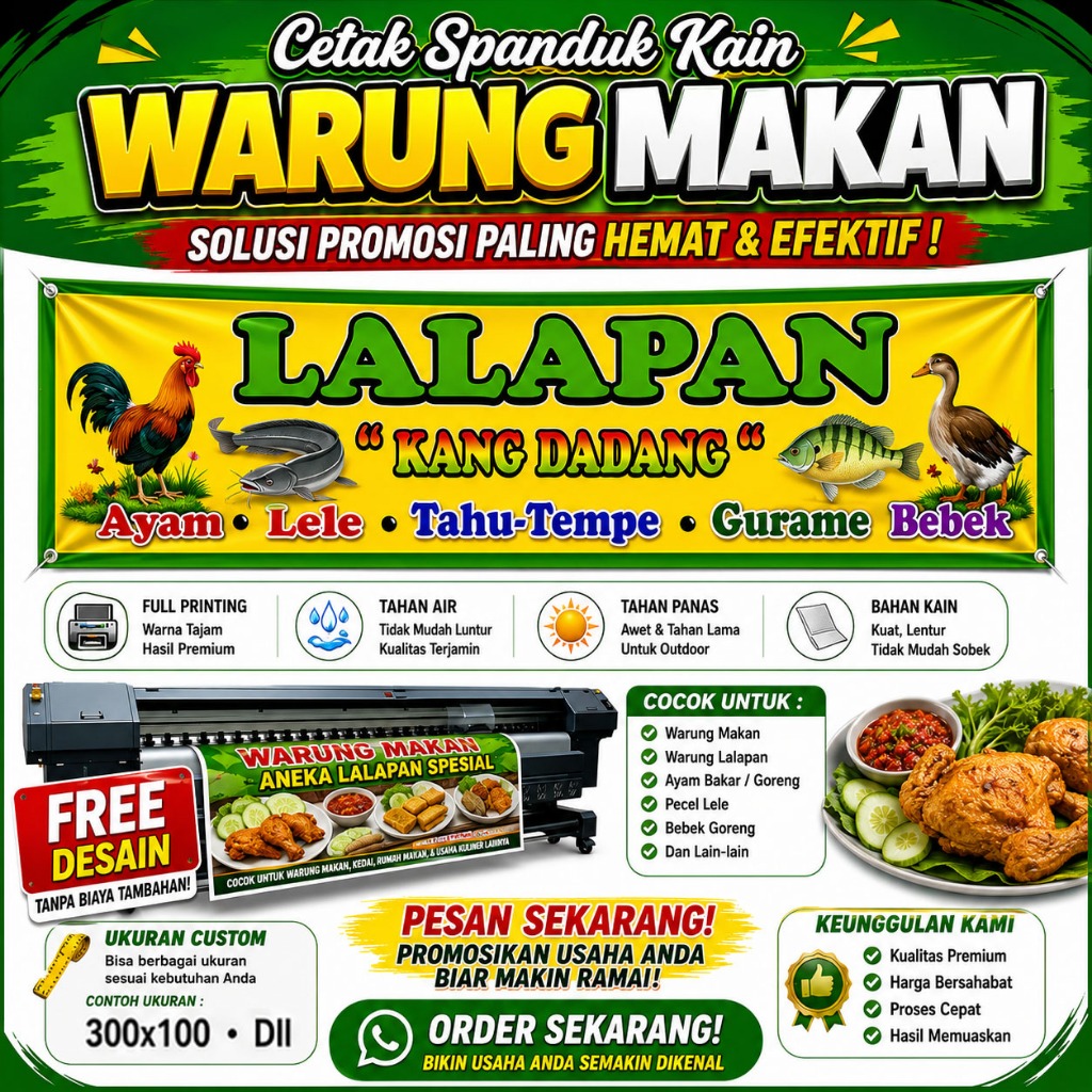 Spanduk Kain Warung Makan Aneka Lalapan Spesial, Full Printing, Tahan Air & Panas