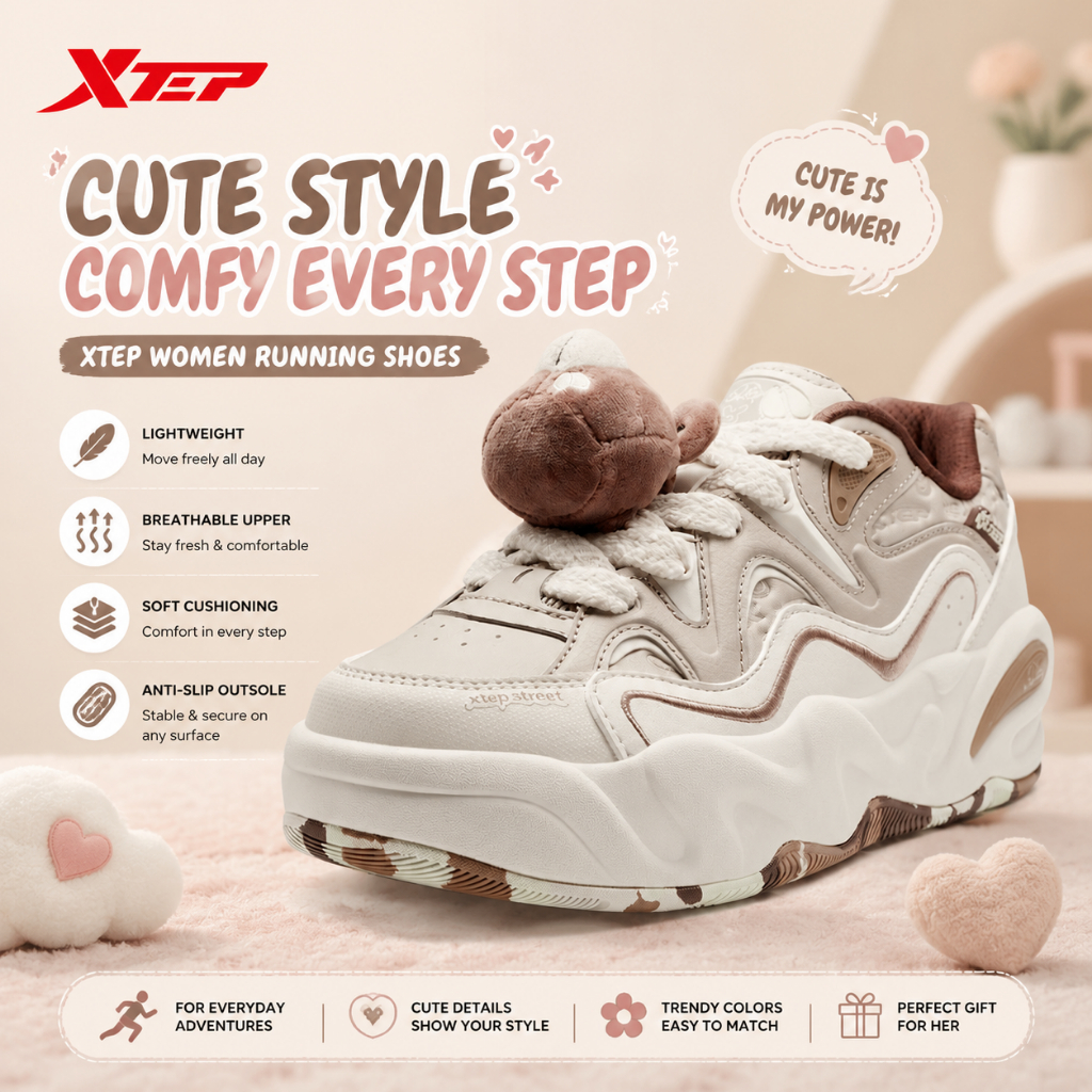 XTEP Cute Shoes Sepatu Running Wanita Original Lightweight Breathable Sport Sneakers Casual Fashion