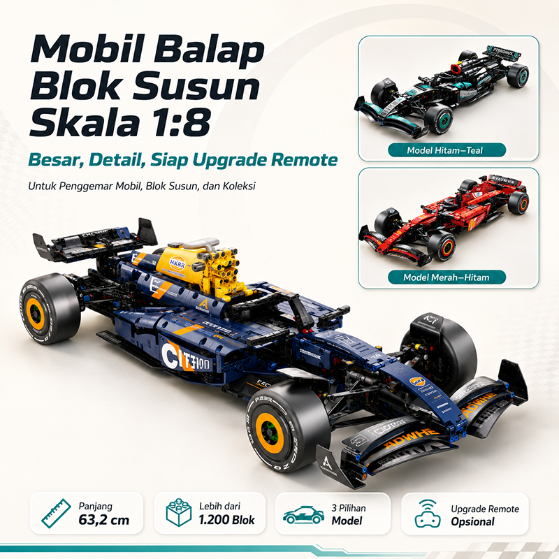 RJM Toys Mobil Balap F1 Blok Susun Skala 1:8 Opsi Upgrade Remote Control Untuk Hobi Dan Koleksi