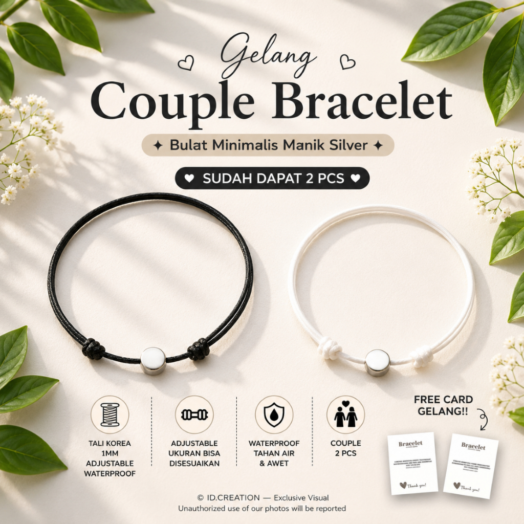 Gelang Couple Bulat Minimalis Manik Silver - Tali Korea 1mm Adjustable (2 Pcs)