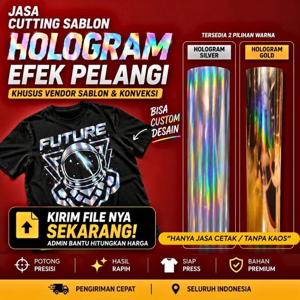Jasa Cutting Polyflex Custom Logo Kaos Hologram Efek Pelangi | Siap Press | Vendor Sablon