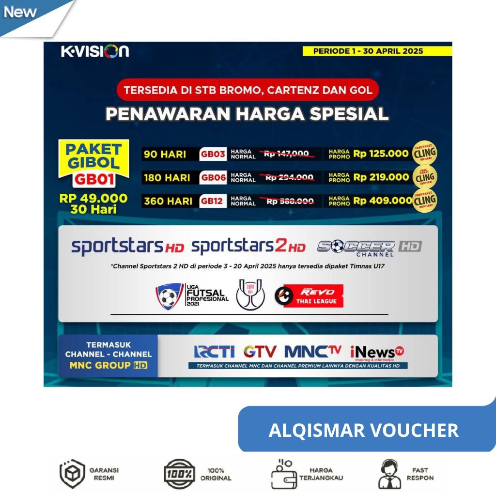 TV VOUCHER Paket Gibol 2026 1Bulan K-Vision Bisa Semua Jenis C2000 K2000 C1000 Optus, Gardiner, Lgsa