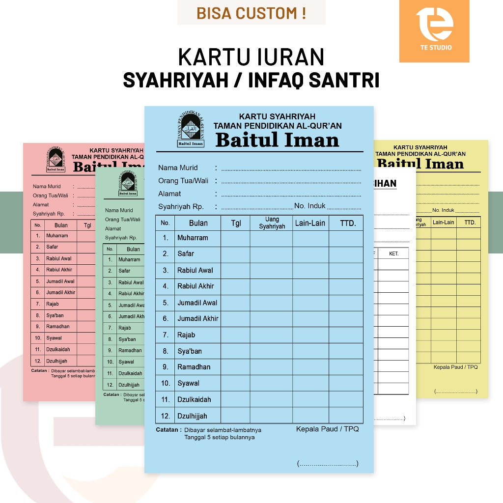 TE Studio - 20 Lembar Kartu Syahriyah SPP Iuran Santri TPQ Madrasah TK PAUD Custom Nama Sekolah TPQ 
