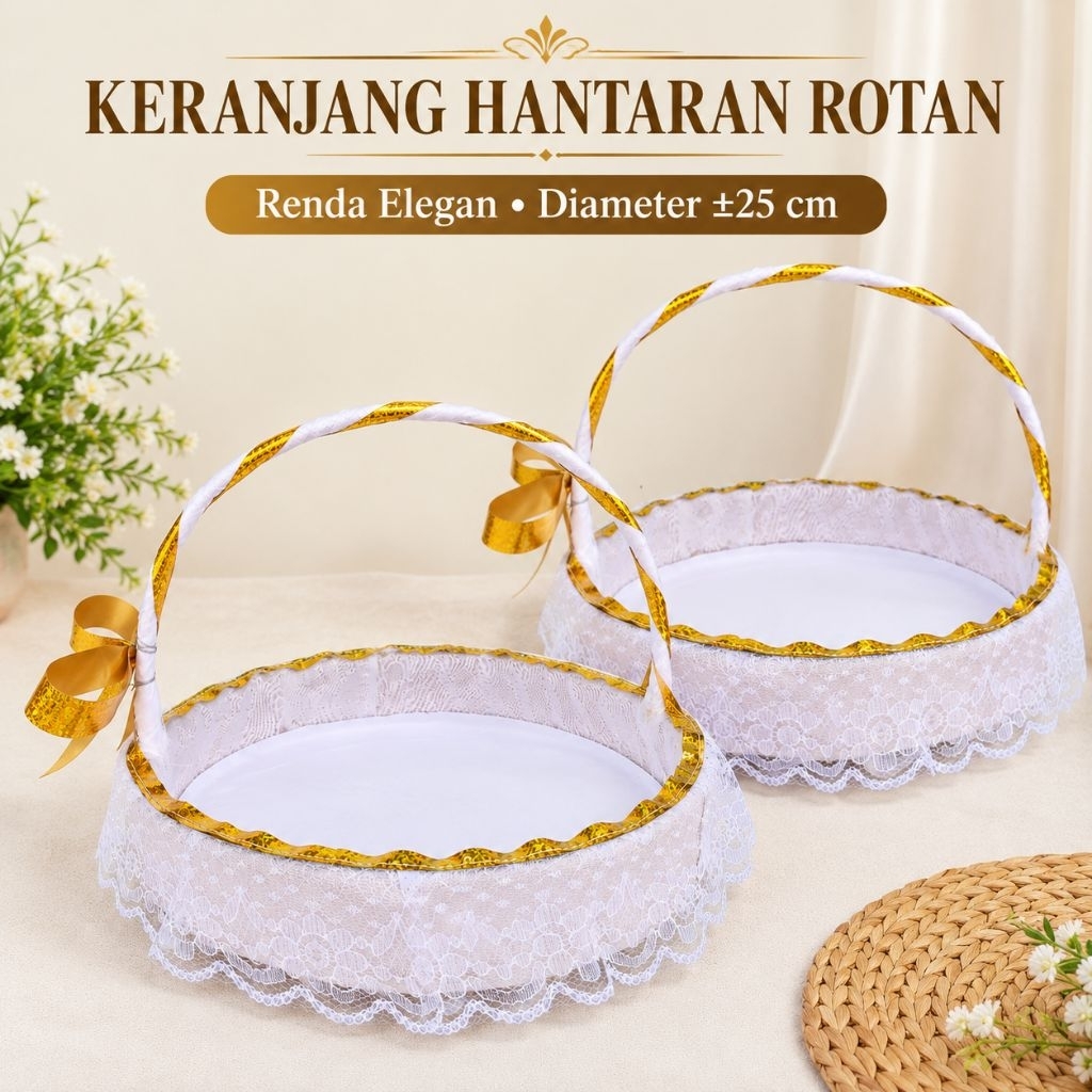 Keranjang Bunga Rotan Bulat Hias Renda Pita Emas Diameter ±25 cm