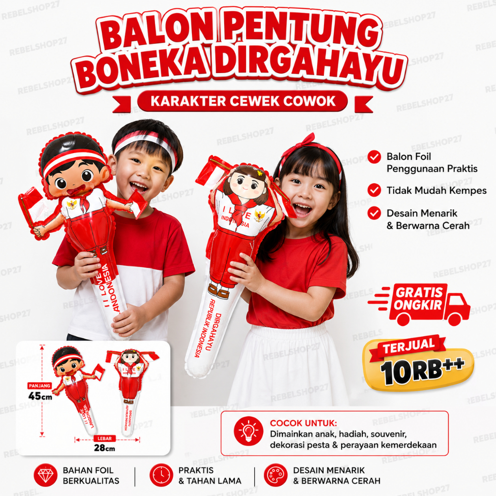 Balon Tongkat / Balon Pentung Dirgahayu RI Balon Dekorasi 17 Agustus Karakter Boneka