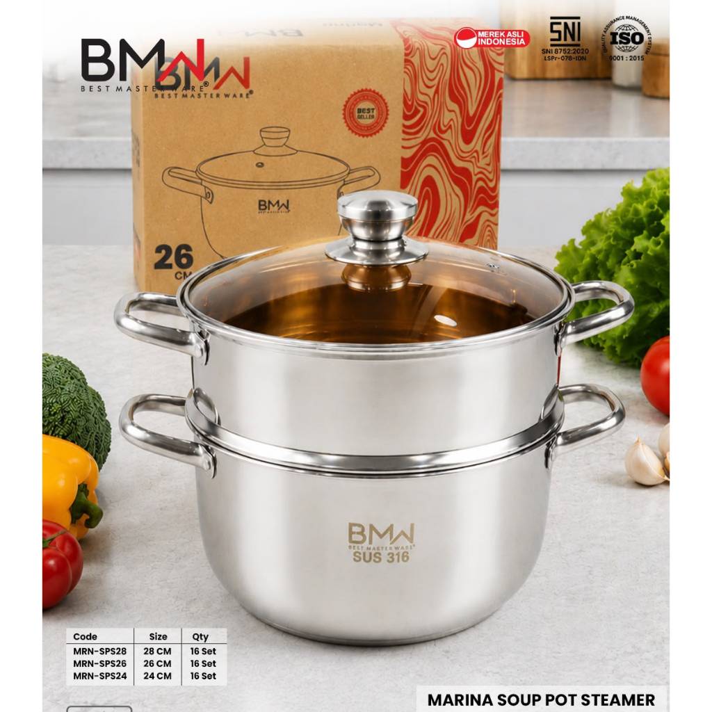 BMN Marina Soup Pot Steamer SUS 316 – Panci Kukus Stainless Steel Premium dengan Tutup Kaca