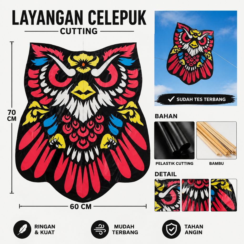 Layangan celepuk pelastik cutting 60x70