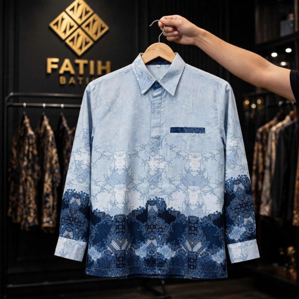 Batik Pria Lengan Panjang Baby Blue Bahan Katun Reguler Fit -  Seragam Batik Pria Kantor Dan Kondang