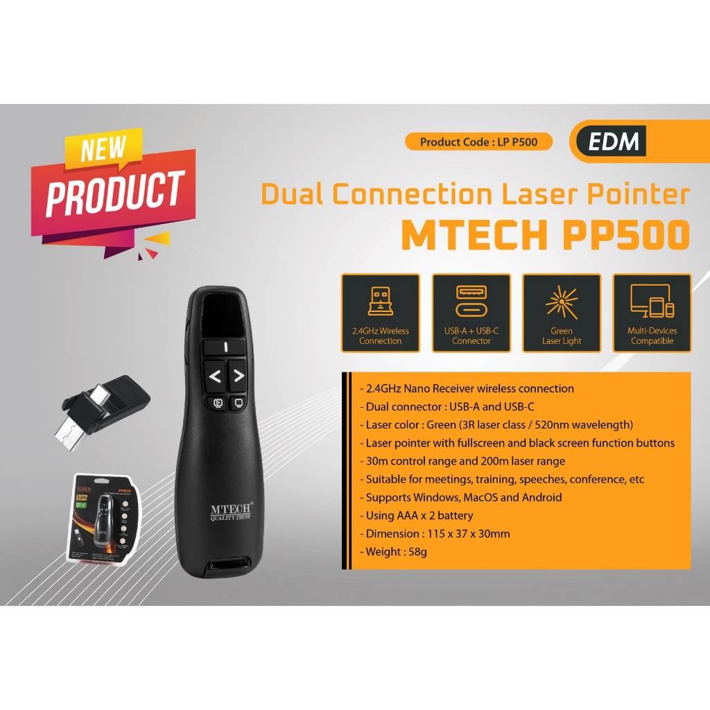 PRESENTER POINTER LASER HIJAU , GREEEN LASER PRESENTER POINTER MTECH PP500