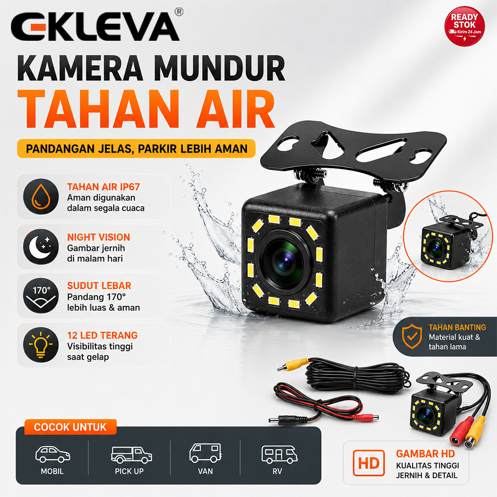EKLEVA Kamera Mundur Mobil 12LED Night Vision HD Waterproof Parkir Universal