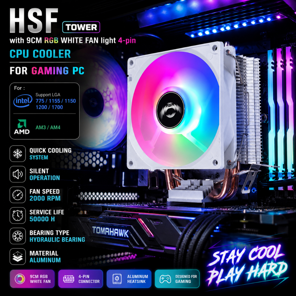 FAN COOLER CPU COOLER RGB INTEL&AMD - SINGLE FAN 3PIN - WHITE RGB - GARANSI