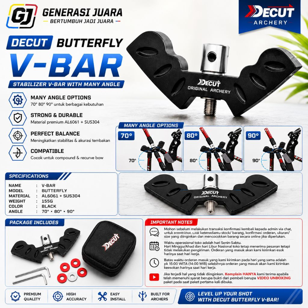 DECUT BUTTERFLY V-BAR Stabilizer | Adjustable Multi Angle 70° 80° 90° | V-Bar Busur Panah