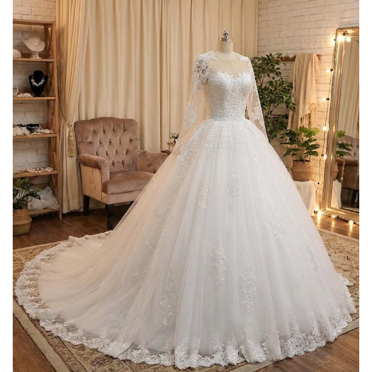 Gaun Pengantin Mewah Lengan Panjang Renda Mutiara / Luxury Wedding Dress Ball Gown Putih / Gaun Pern