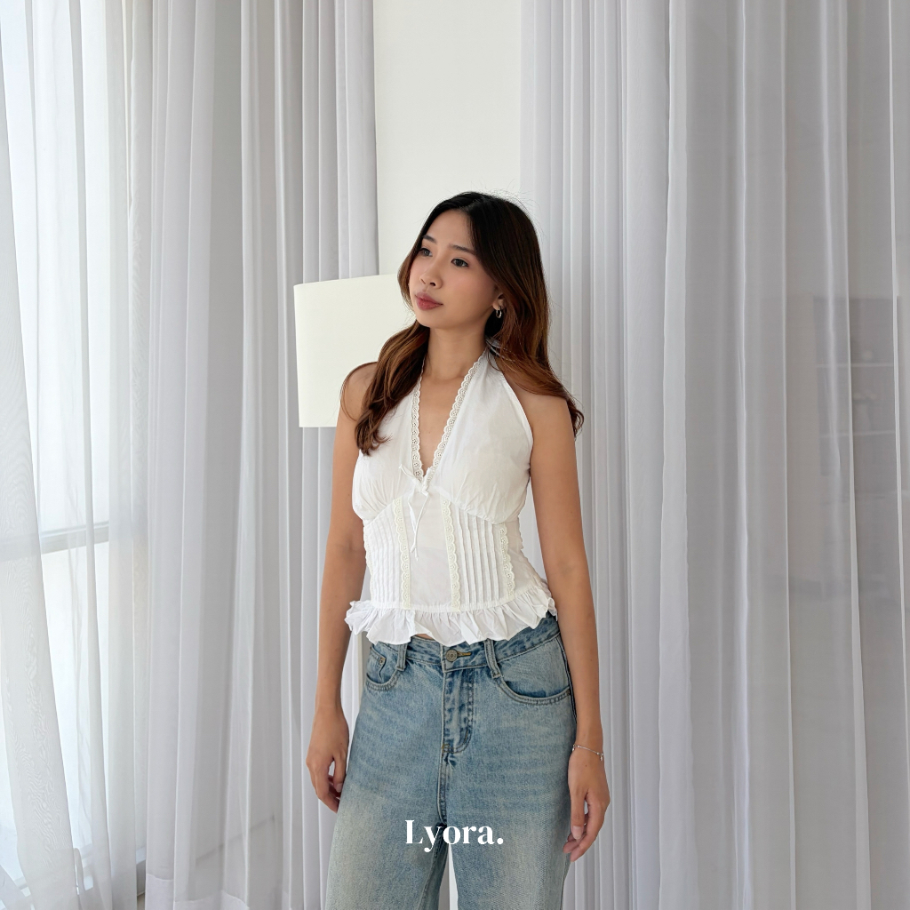 LUNA TOP - LYORA || Halter Atasan Tank Top V-neck Lace Ruffle Top