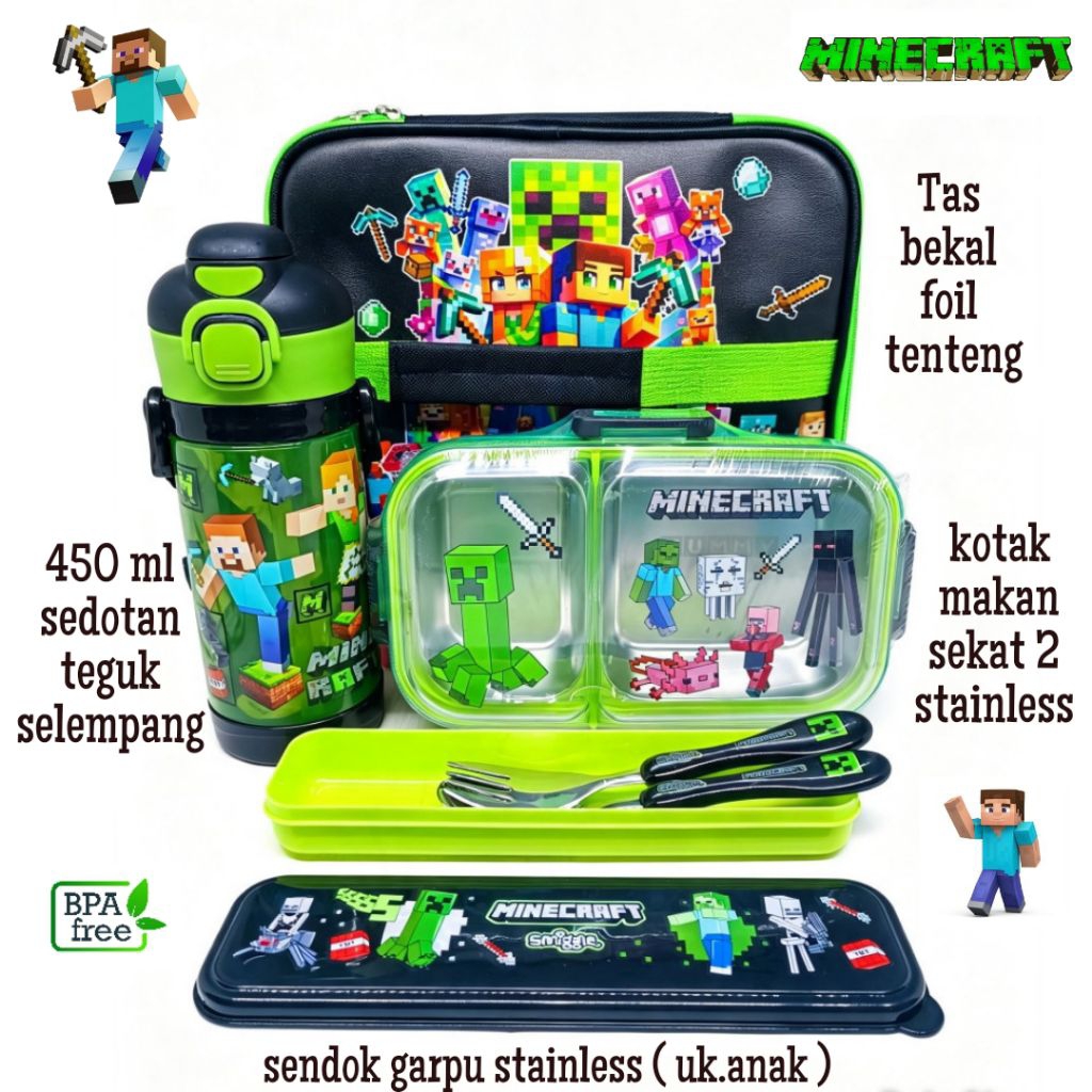 set bekal Minecraft kotak makan stainless