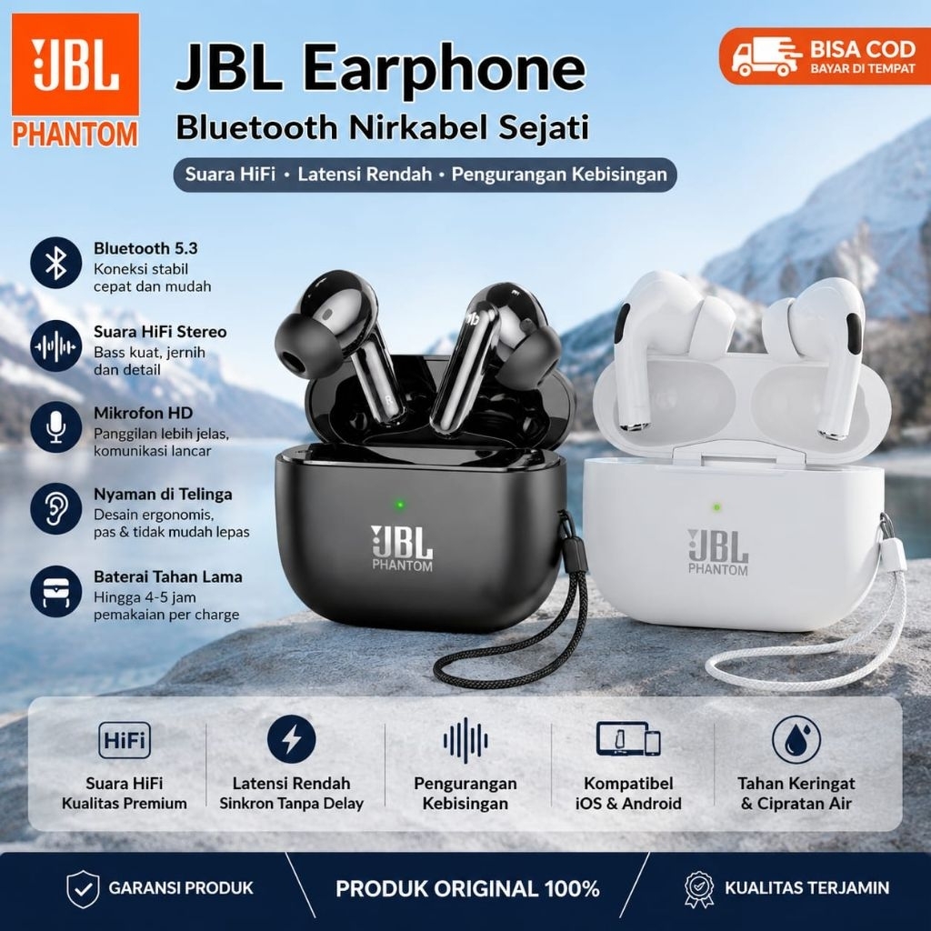 [Bisa Cod] JBL Earphone Bluetooth Nirkabel Sejati Asli Headphone Suara HiFi Latensi Rendah Pengurang