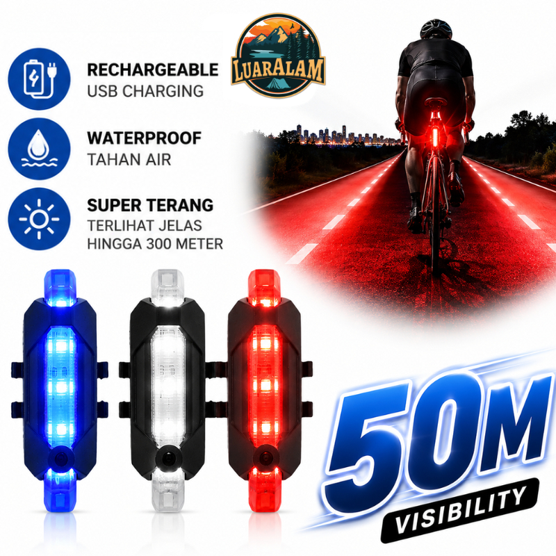 LUARALAM Lampu Sepeda Belakang 5 LED Strobo Terang Panjang Lampu Peringatan Sepeda USB Charging