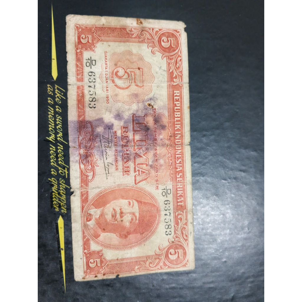 UANG KUNO 5 RUPIAH SOEKARNO SERI RIS TAHUN 1950