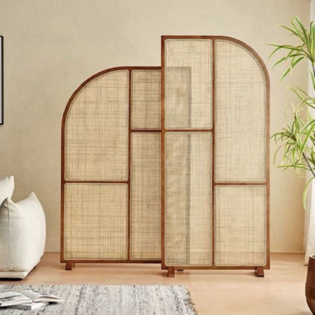 partisi penyekat ruang kayu jati kombinasi rotan / partisi rotan retro kayu / penyekat ruangan kayu