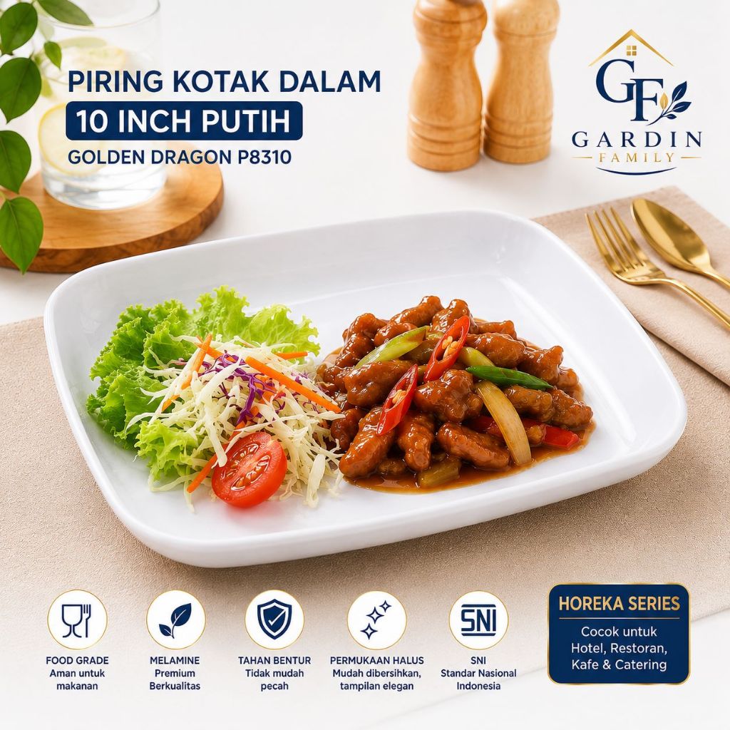 Piring Kotak Dalam 10 Inch Putih Golden Dragon P8310 | Porcelain Melamine Horeka Food Grade SNI