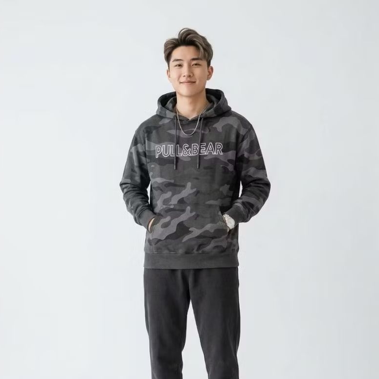 Pull & Bear Hoodie Camo Dark Grey Jaket Pria Sweater Hoodie Branded Premium