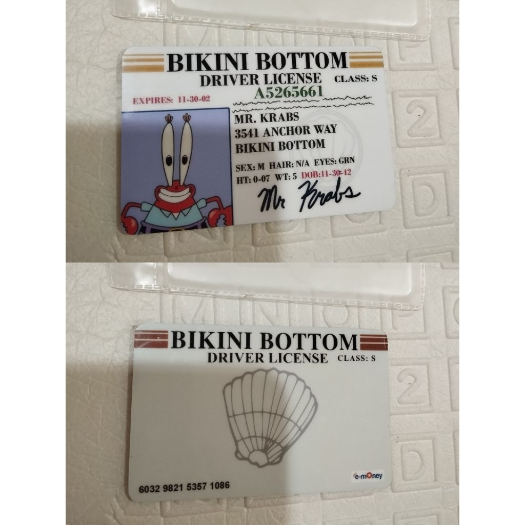 Kartu e-Money tol Mandiri BSI custom card Mr. Krab Bikini Bottom Driver License SpongeBob