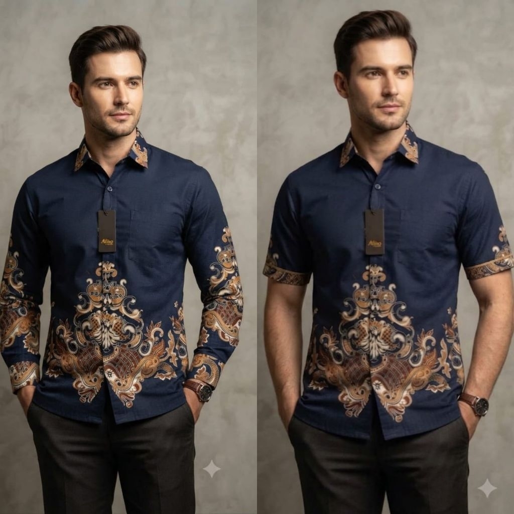 Kemeja Batik Pria Bahan Katun Printing Premium Warna  Biru Dongker / Navy Motif Terbaru - Baju Kemej