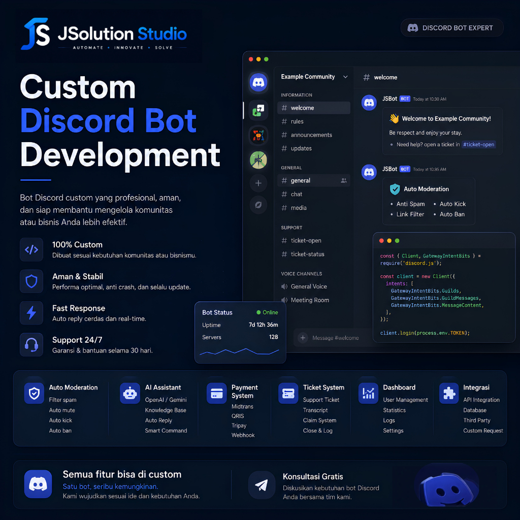 Server Discord Berantakan? Jasa Bot Discord Custom | Auto Role, Moderation, Sistem Server Otomatis, 