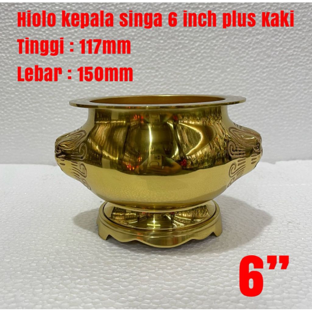 hiolo / hio lo / hiu lo / tempat dupa - kuningan - kepala singa - 6inch - kaki