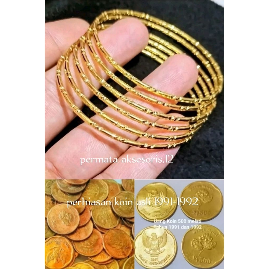 gelang tangan koin asli 1991-1992 gelang koin keroncong dewasa 6 pcs motif bambu warna emas anti lun
