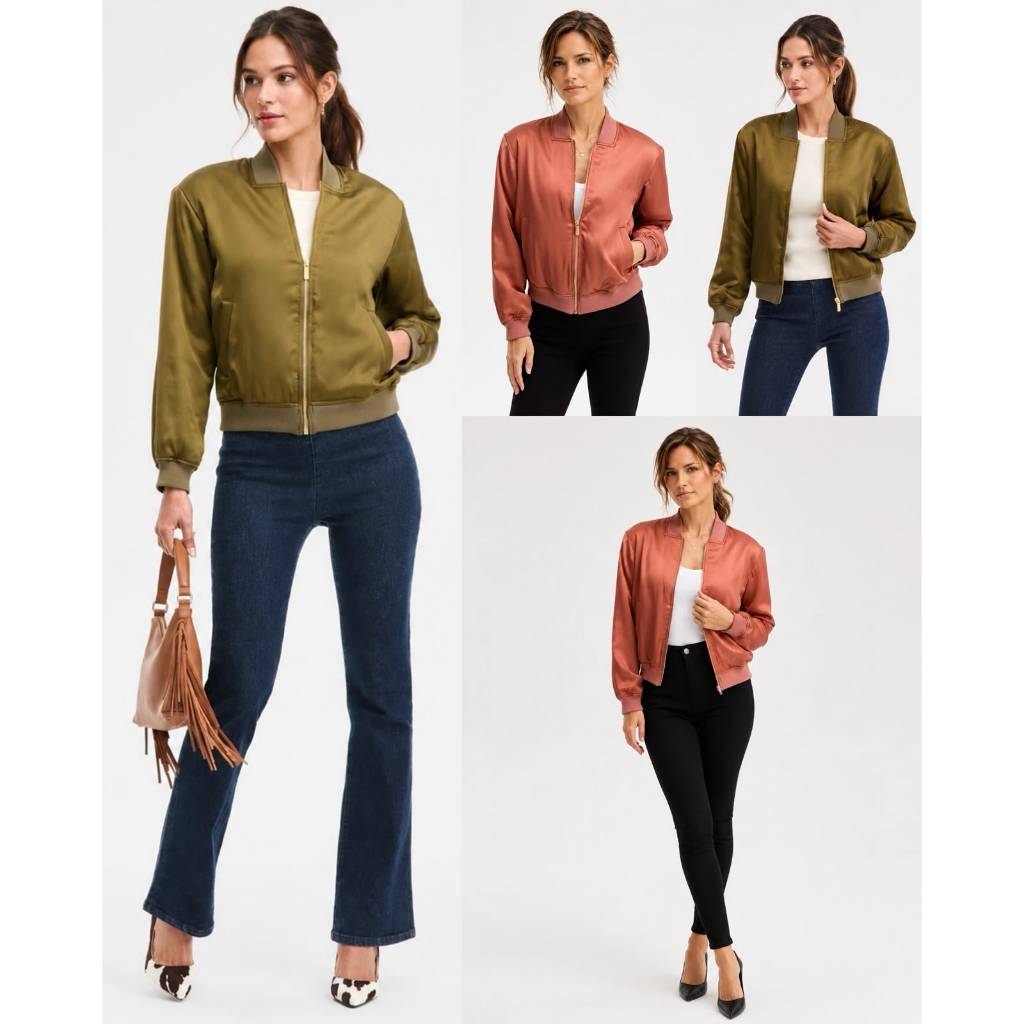 Jaket Bomber Wanita INC Women's Satin Bomber Jacket - 3019