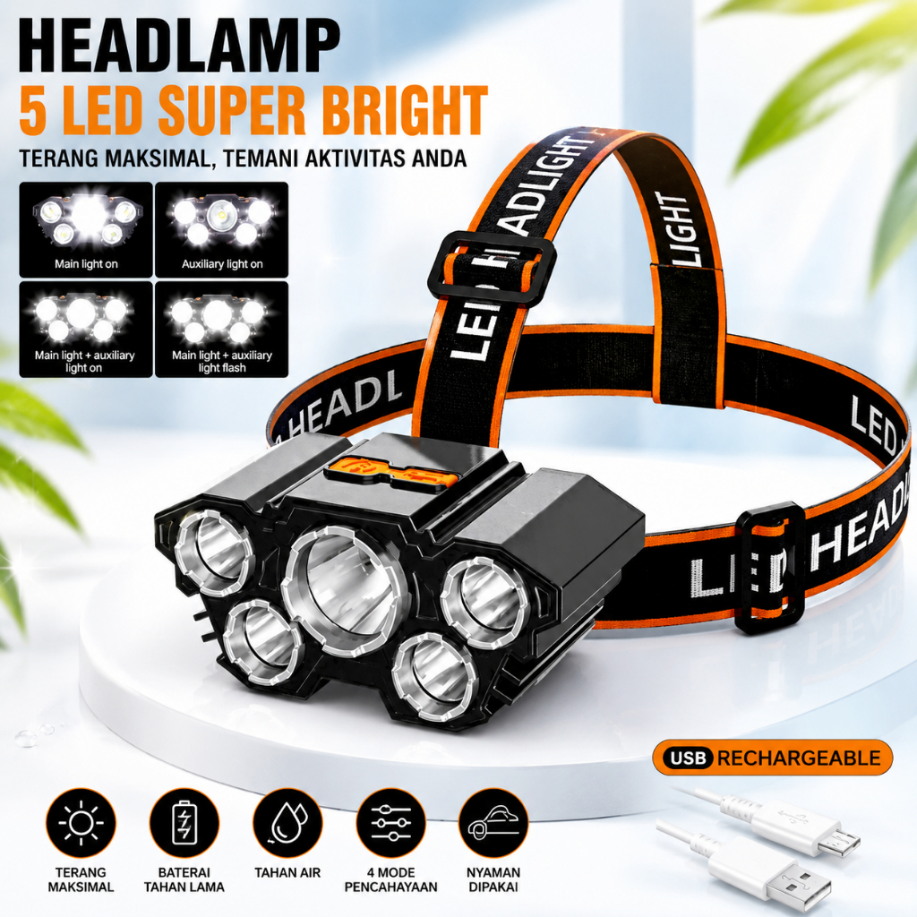 [ Kinmashop ] Senter Kepala 40 Watt L-T21 5 Led Rechargerable 4 Mode Cahaya Lampu Senter 50Watt