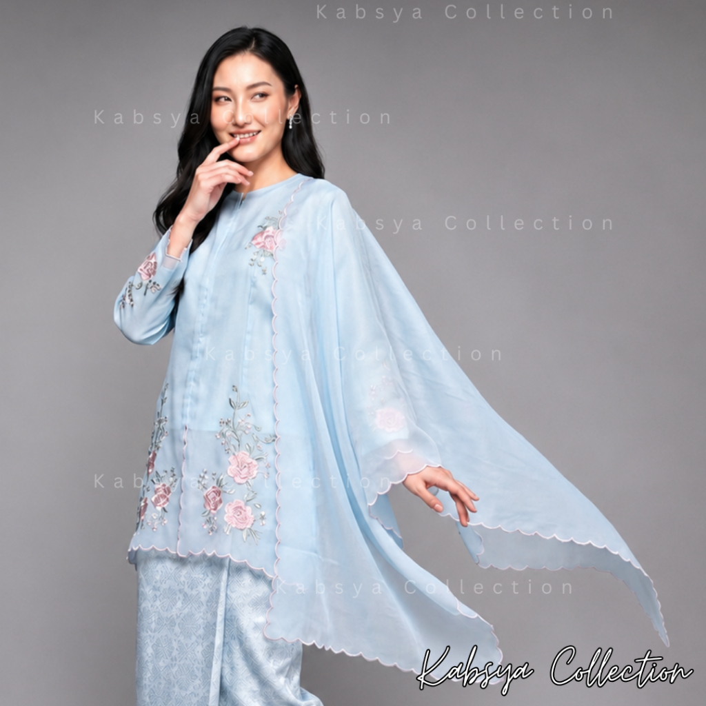 Setelan Kebaya Kurung Organza Nikita Sulam Bunga dan Selendang Organza / Baju Tunik Organza / Baju K