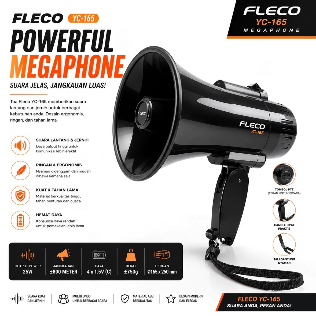 Toa Fleco YC-165 RUBT Megaphone Jumbo Multifungsi Pengeras Suara Bluetooth Fleco YC 165RUBT MODEL TE