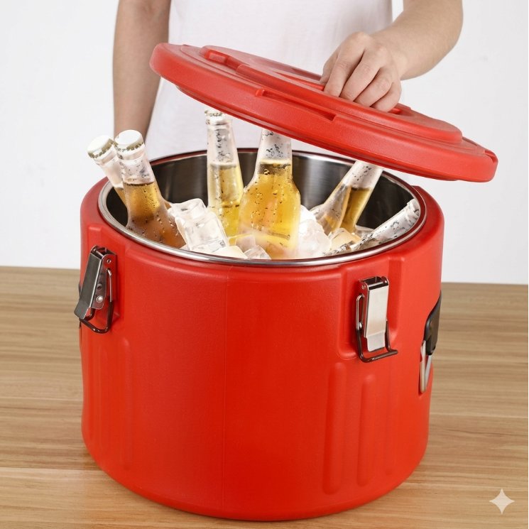 Ice Bucket Three Walled Kapasitas Besar/ Tong Merah Tahan Dingin Dan Panas/ Termos Air Stainless Ste