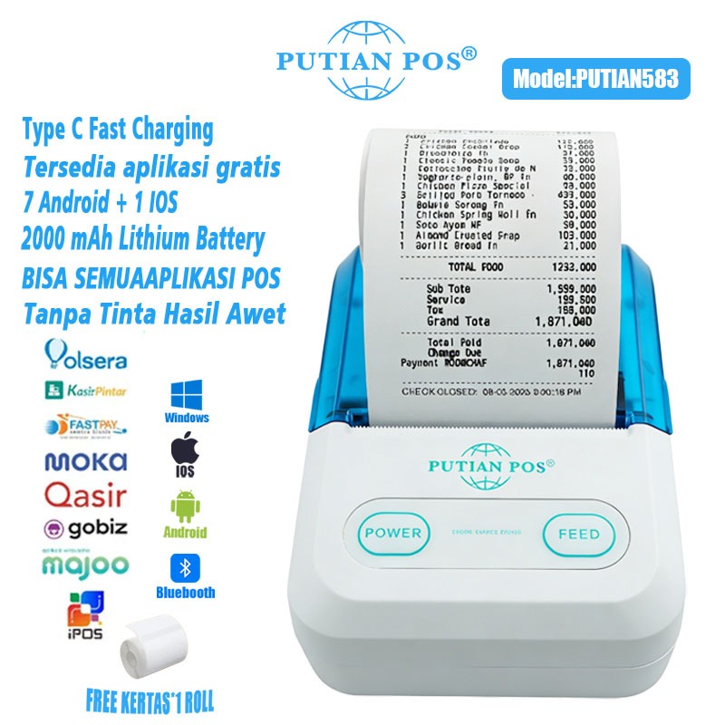 Printer Termal Baterai Portabel Bluetooth PUTIAN583 Bluetooth Android iOS Kasir Printer Mobile Porta