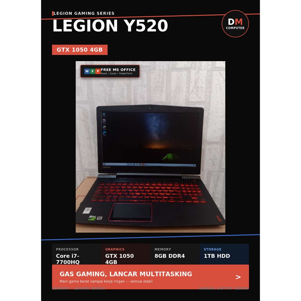 LAPTOP SECOND,Laptop Lenovo Legion Y520, Core i7-7700HQ, Gen 7th,BLACK
