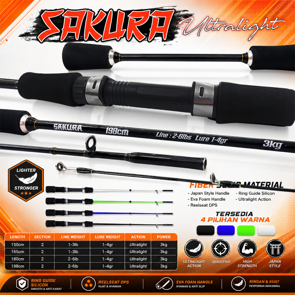 Joran ultralight UL sakura 2-6lb fiber solid kuat max 3kg up