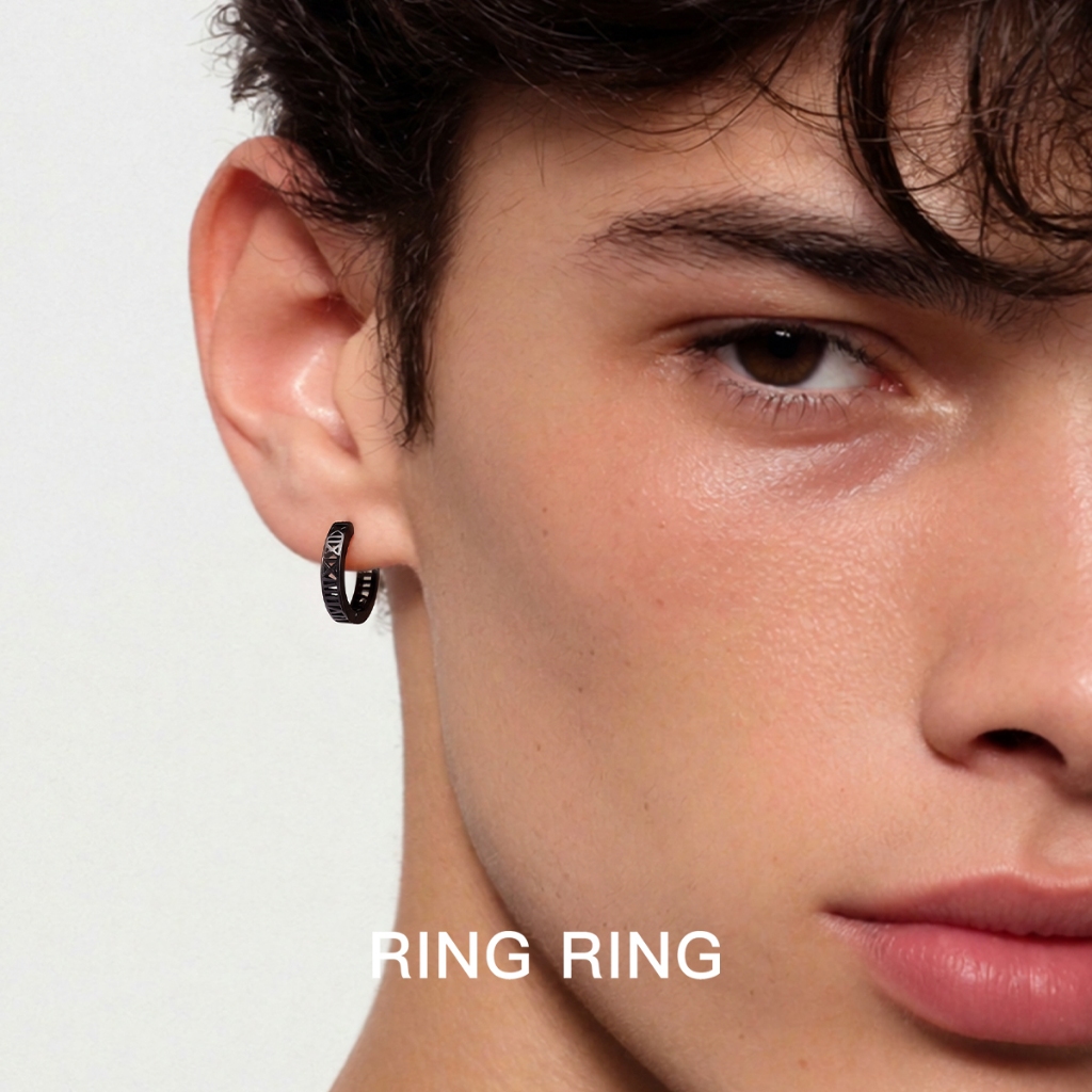 RINGRING Giwang Geometri Berongga Hitam Anting Aksesoris Telinga Tindik Telinga Baja Titanium Pria