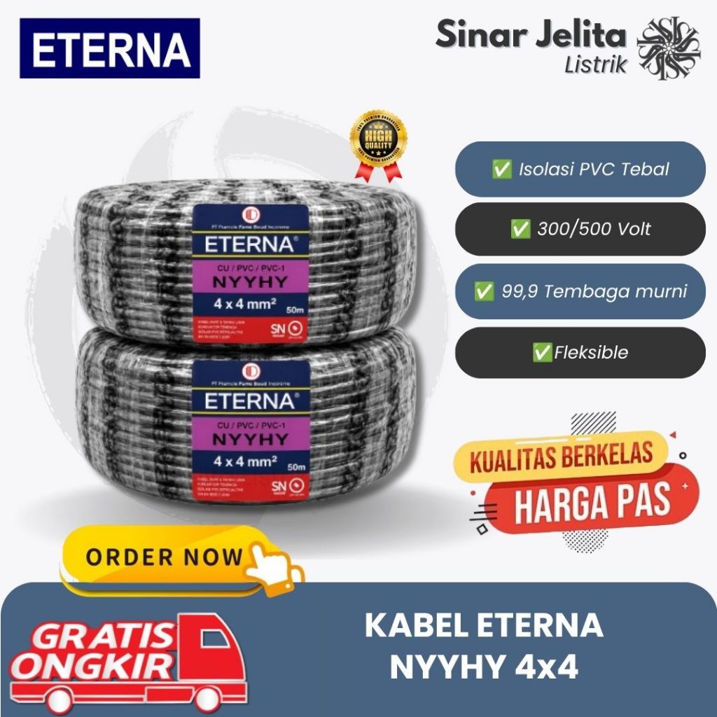 Kabel Eterna NYYHY 4x4mm 50m 100m Hitam Serabut | Kabel listrik serabut NYYHY 4x4 Eterna 4 x 4 mm 50