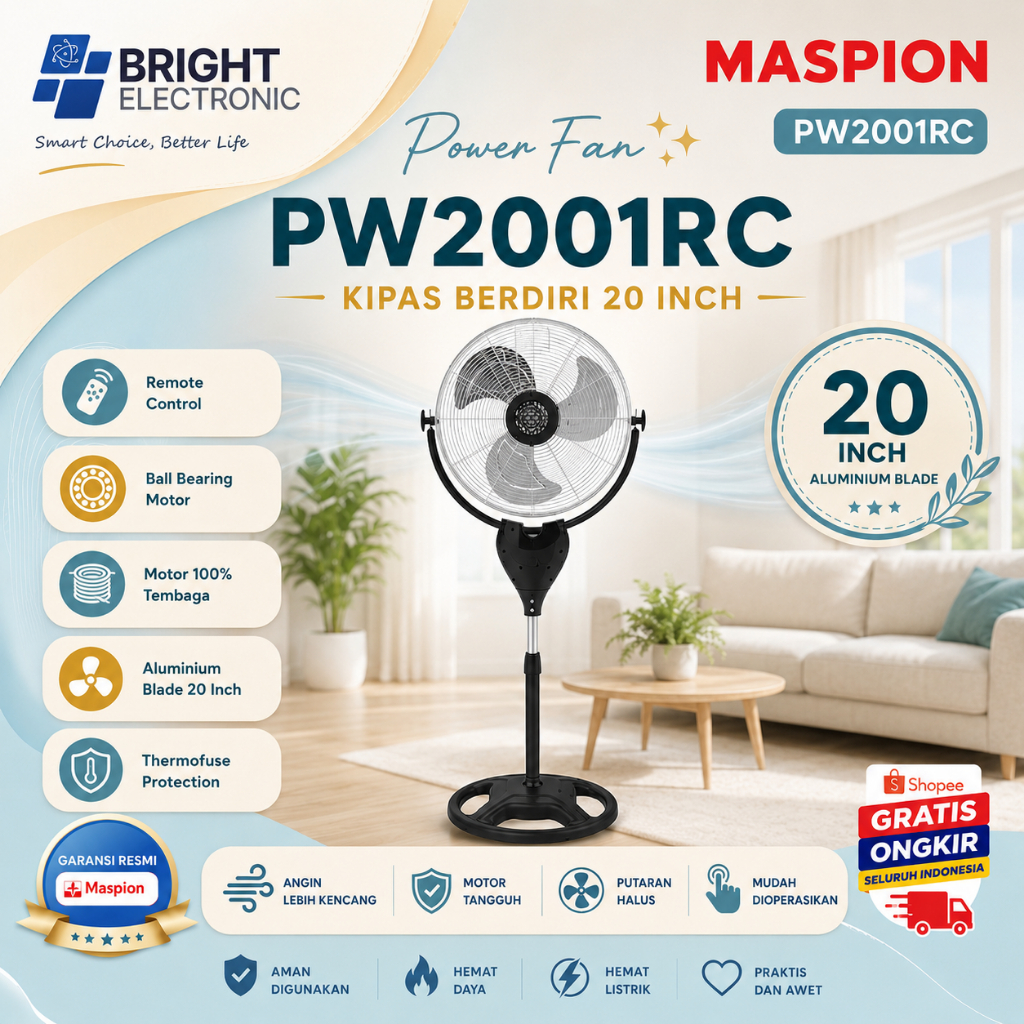 MASPION KIPAS ANGIN BERDIRI POWER FAN 20" PW2001RC/MASPION STAND FAN POWER FAN PW 2001 RC/PW-2001RC